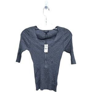 Vintage 2000's Y2K 3/4 Cap Sleeve Slim Ft Gray Ribbed Partial Zip Tee NWT XS